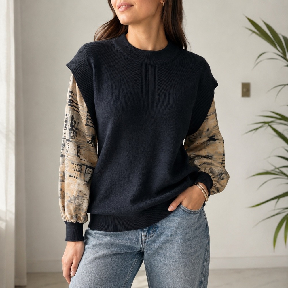 DKNY Ribbed Knit Sweater w/ Statement Sleeve, Black Tan Medium | Office Work